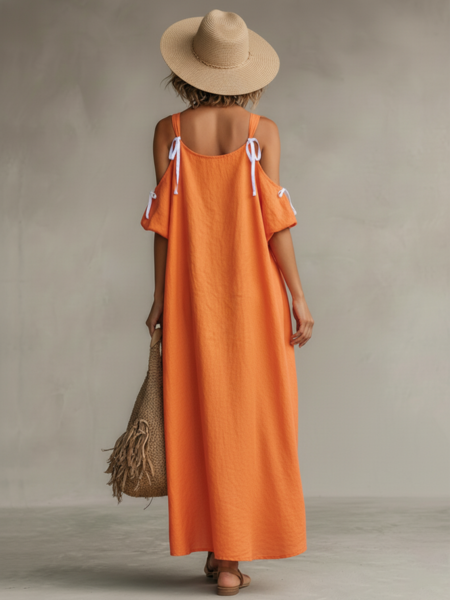 Tangerine Linen Cold-Shoulder High-Low Dress