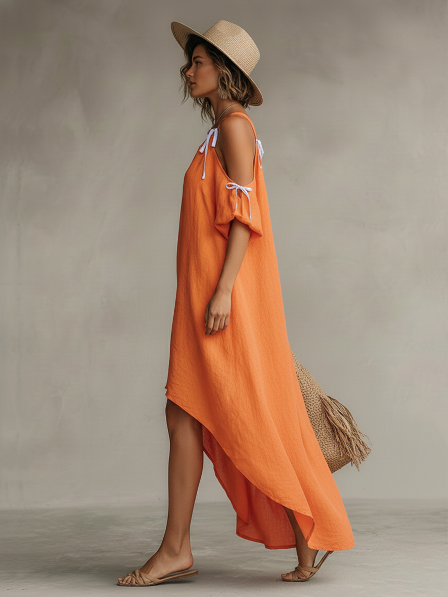 Tangerine Linen Cold-Shoulder High-Low Dress