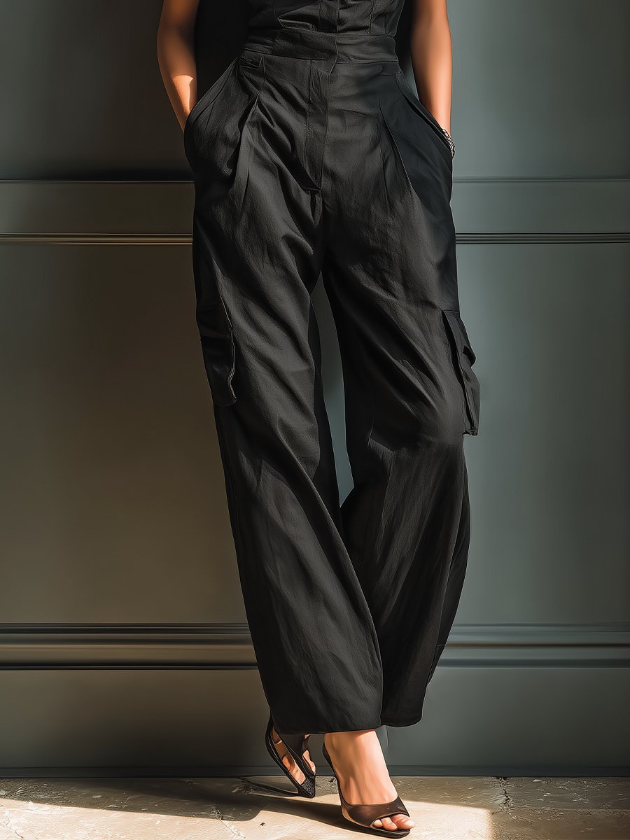 Linen Sleeveless Collared Cargo Jumpsuit