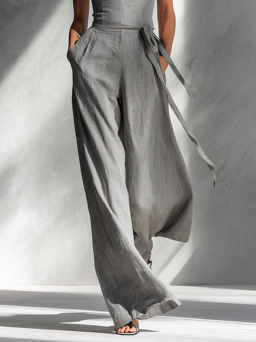 Grey Linen Square-Neck Tie-Waist Wide-Leg Jumpsuit