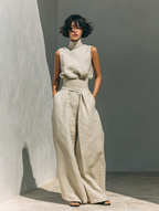 Linen Blend Blouse & Wide-Leg Pants Set