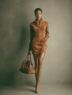 Caramel Suede Zipper Stand Collar Mini Dress