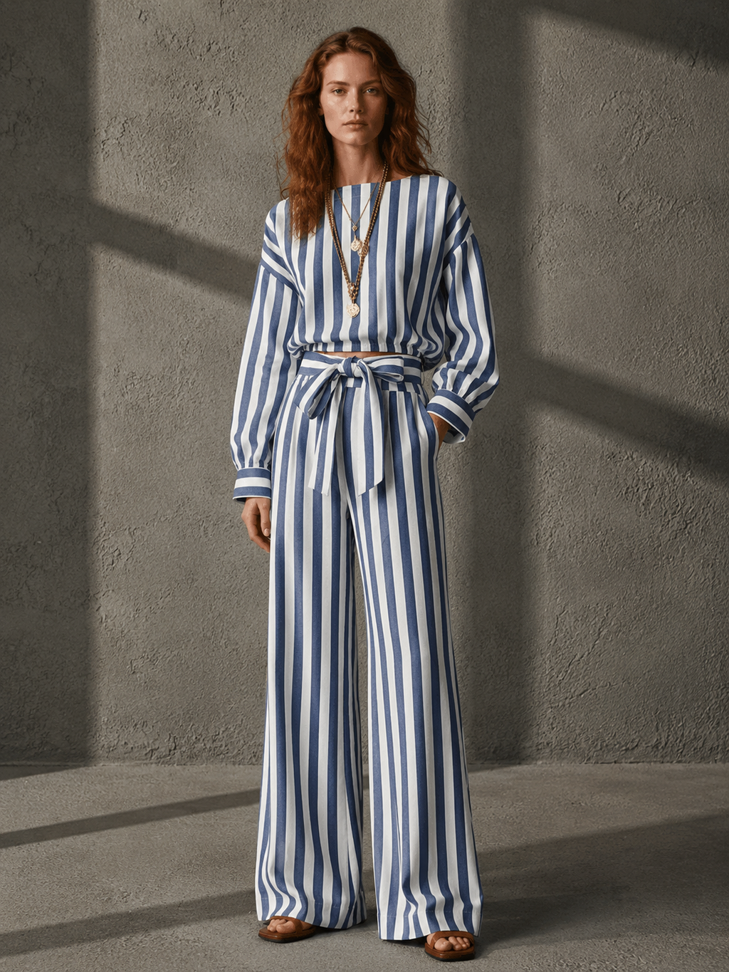 Navy Satin V-Neck Shirt & Color-Block Striped Wide-Leg Set