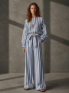 Navy Satin V-Neck Shirt & Color-Block Striped Wide-Leg Set