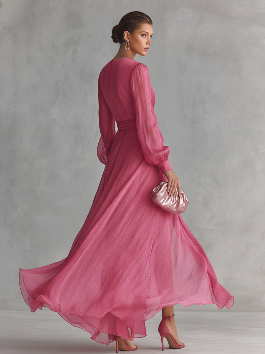 Rose Pink Pearl Chiffon Tie-Waist Maxi Dress