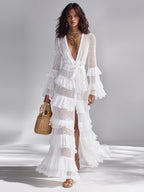 White Crochet Ruffle V-Neck Cardigan