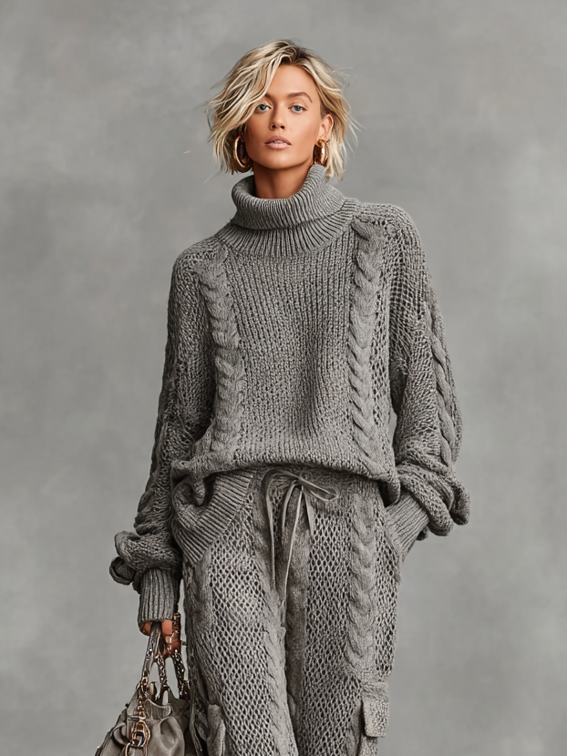 Cable Knit Turtleneck & Cargo Pants Set
