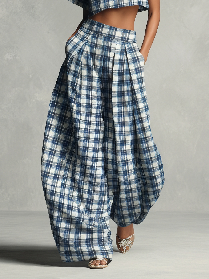 Plaid Turtleneck Crop Top & Wide-Leg Set