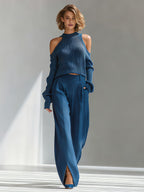 Ribbed Cold-Shoulder Knit Sweater & Wide-Leg Set