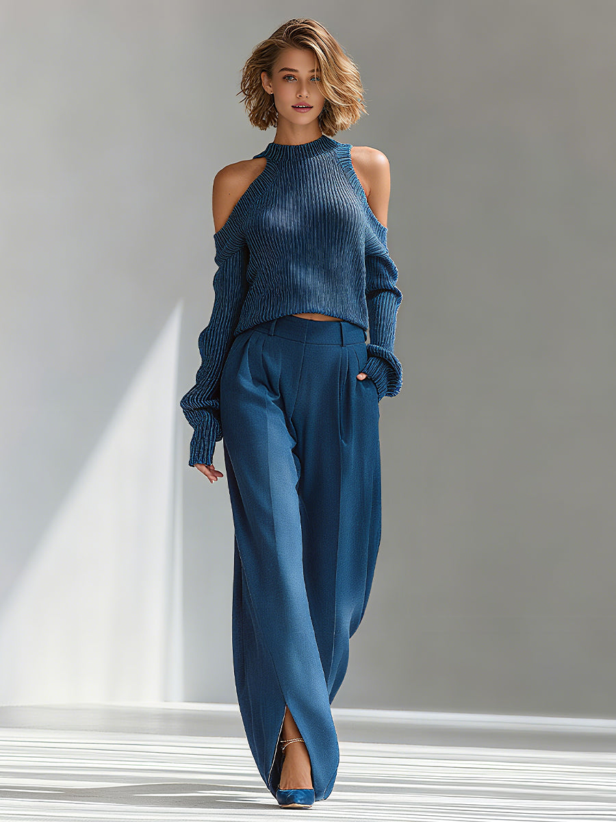 Ribbed Cold-Shoulder Knit Sweater & Wide-Leg Set