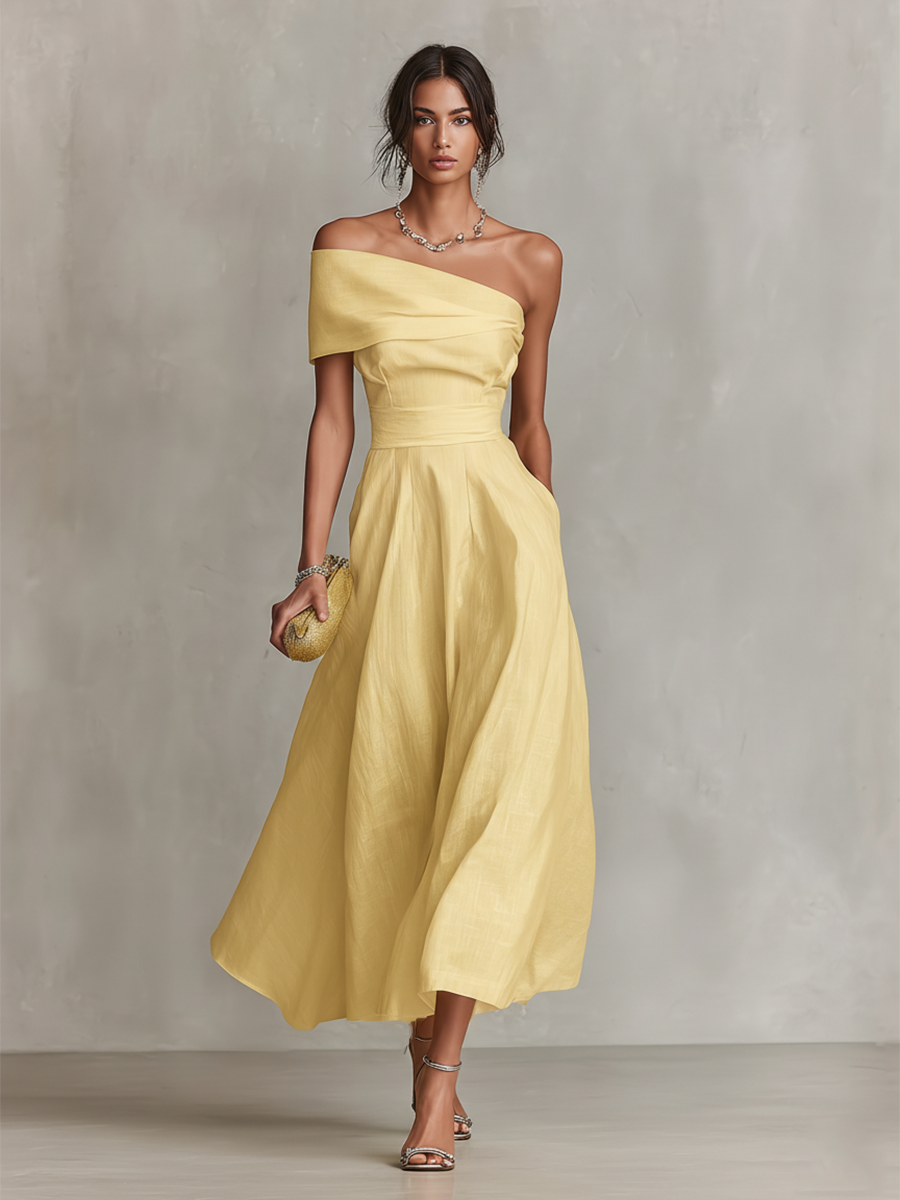 Yellow Linen One-Shoulder Fitted Dress