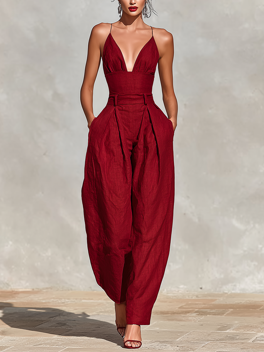 Red Linen Spaghetti Strap Pleated Jumpsuit