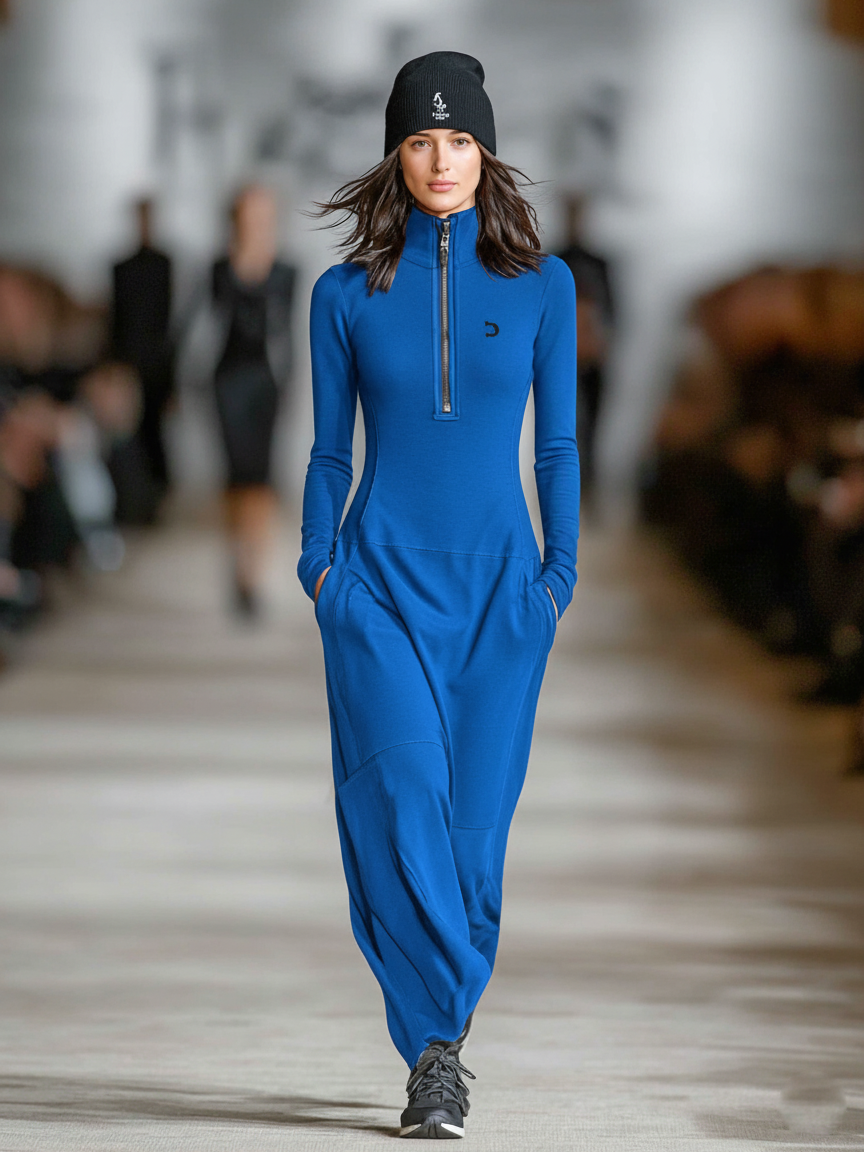 Cotton Blend Zip Collar Maxi Dress