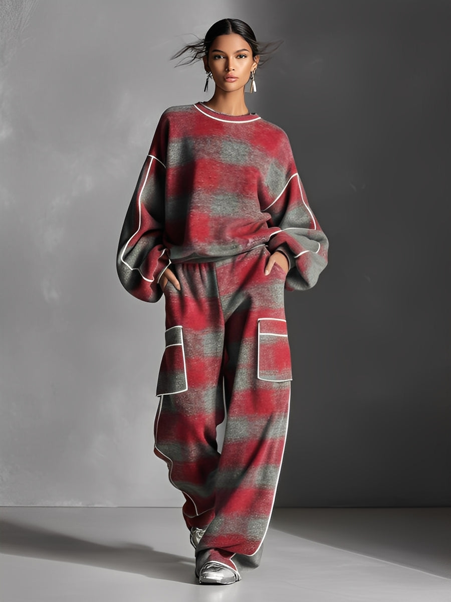 Plaid Color-Block Piping Pantsuit Set