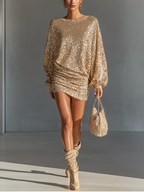 Gold Sequin Lantern Sleeve Mini Dress