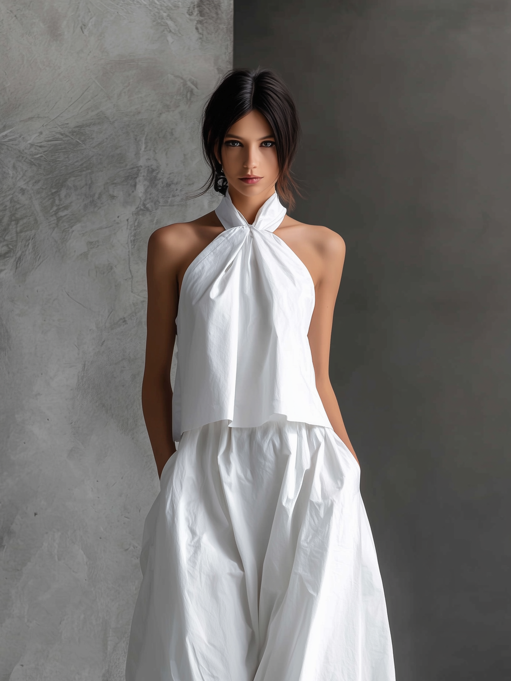 White Linen Halter-Neck Top & Skirt Set