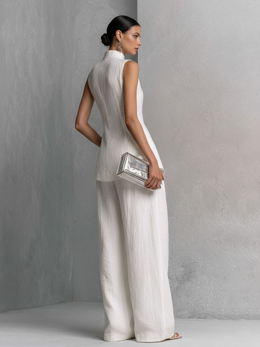 White Cotton Linen Sleeveless Top & Wide-Leg Set
