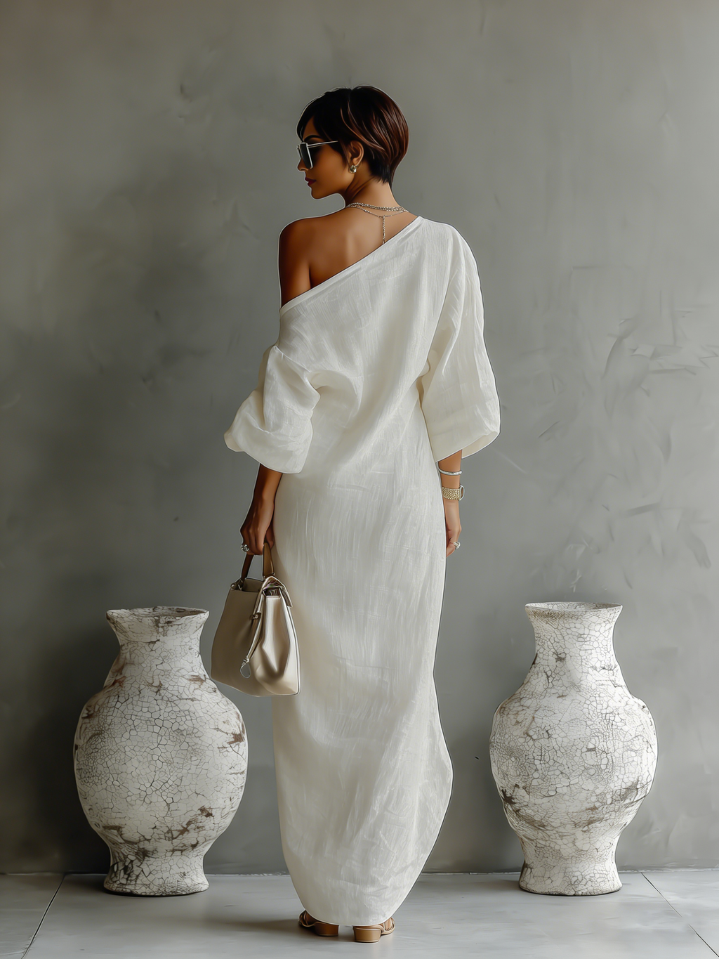 Ivory One-Shoulder Flowing Dress
