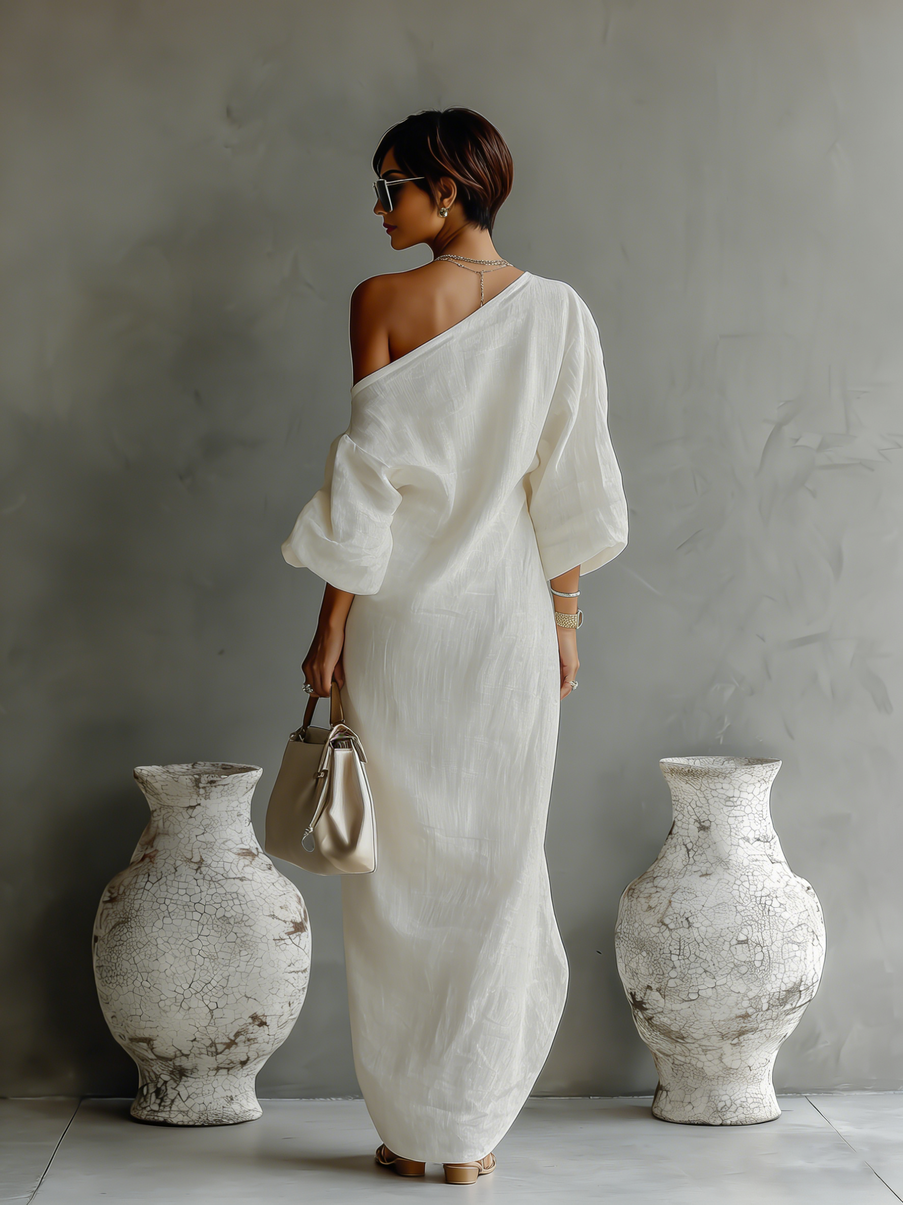 Ivory One-Shoulder Flowing Dress