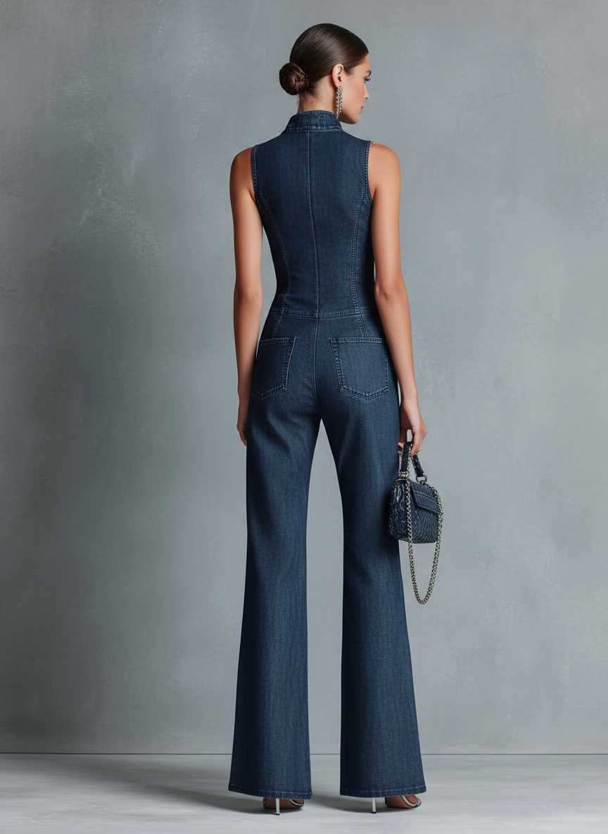 Denim High-Neck Flared Jumpsuit