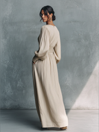 Women's Beige Cotton Linen Striped V-Neck Shirred Waist Maxi Dress MDZ0361C4BA