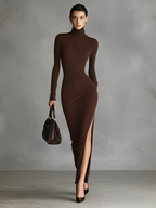 Brown Turtleneck Bodycon Slit Dress