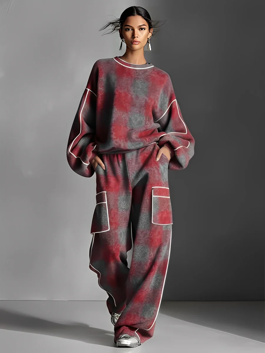 Plaid Color-Block Piping Pantsuit Set