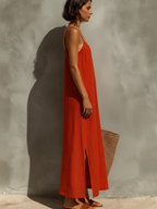 Red Square Neck Spaghetti Strap Dress