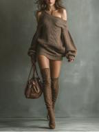 Brown Off-Shoulder Knit Mini Dress