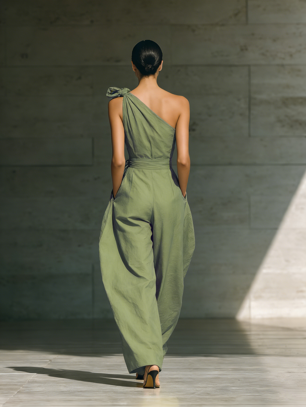 Light Green One-Shoulder Tie-Waist Wide-Leg Jumpsuit