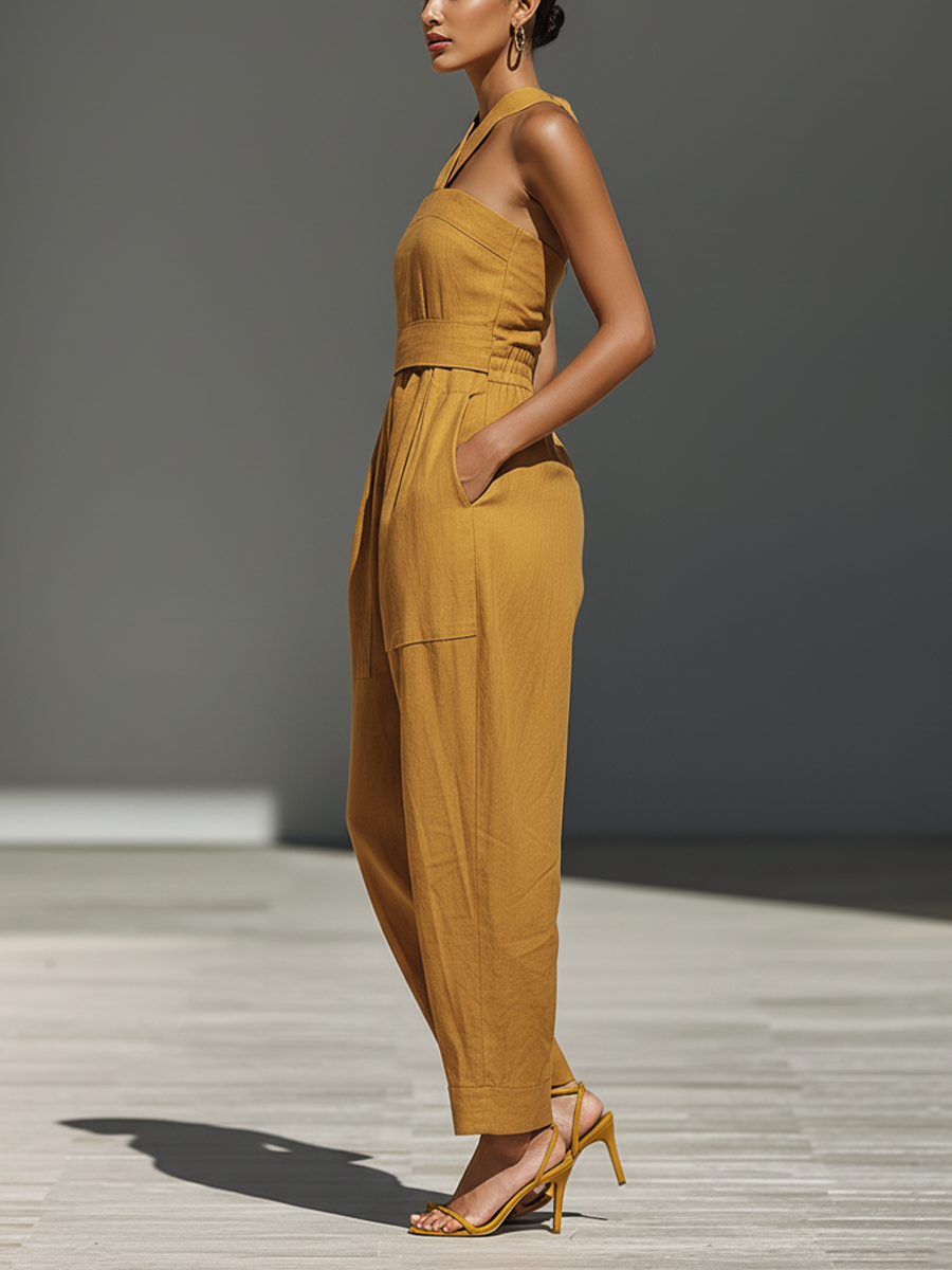 Mustard Linen Crisscross Neck Jumpsuit