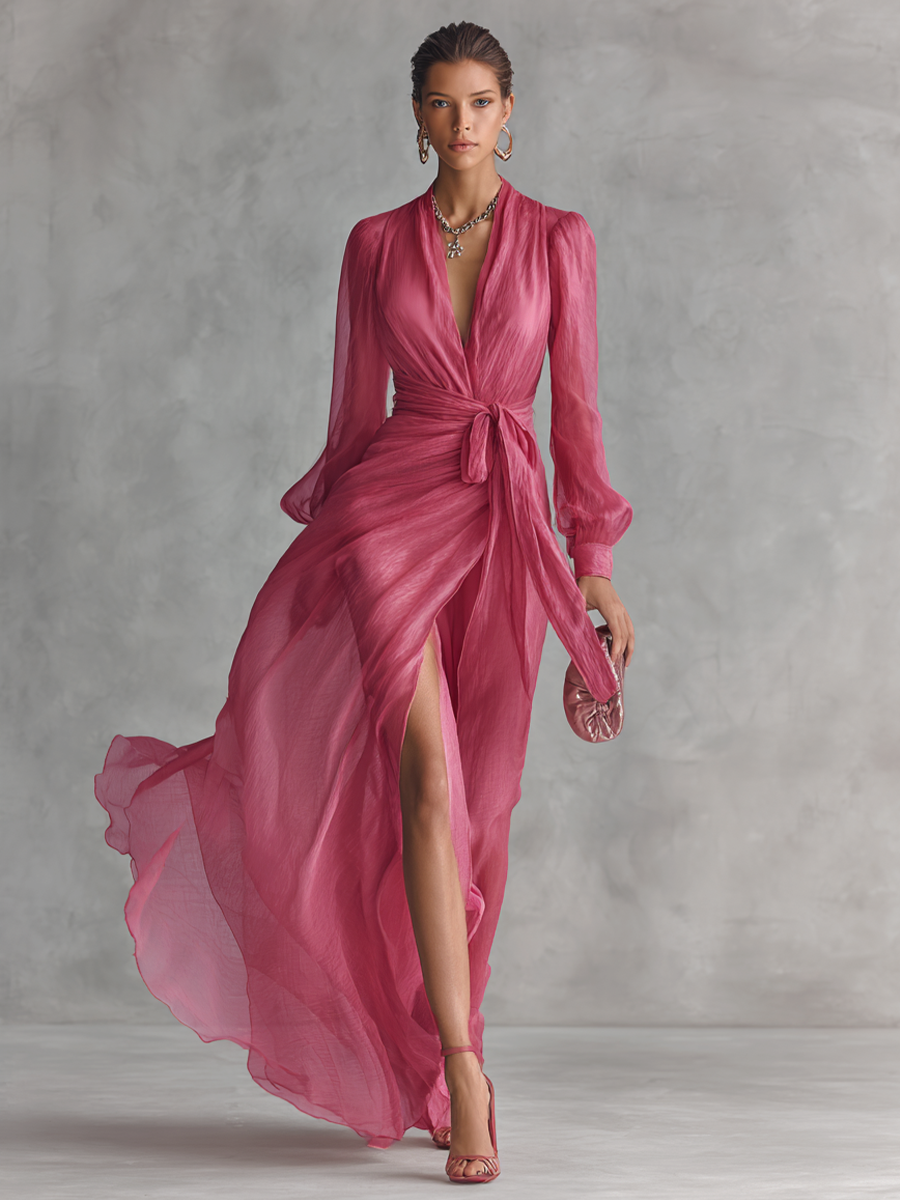 Rose Pink Pearl Chiffon Tie-Waist Maxi Dress