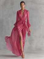 Rose Pink Pearl Chiffon Tie-Waist Maxi Dress