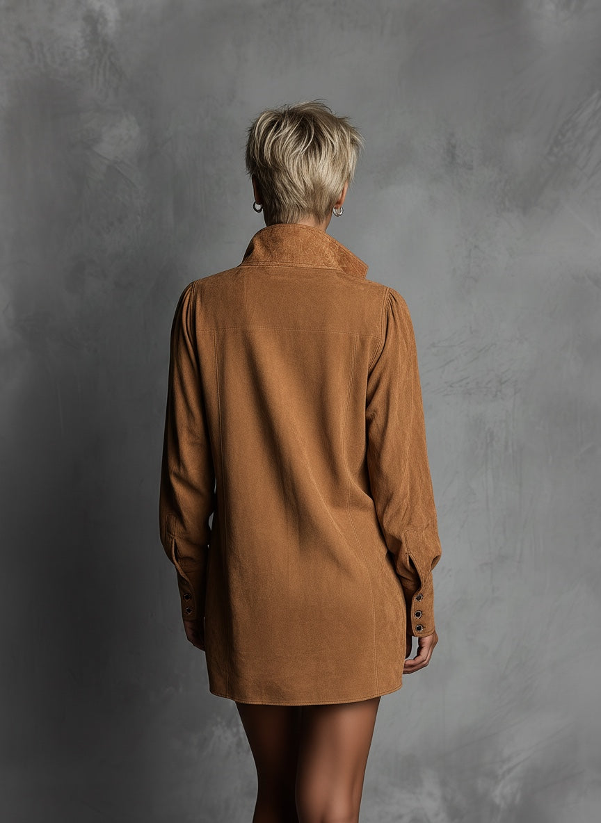 Suede Embossed V-Neck Long-Sleeve Dress