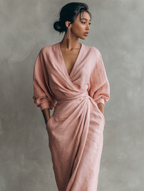 Pink V-Neck Linen Blend Maxi Dress