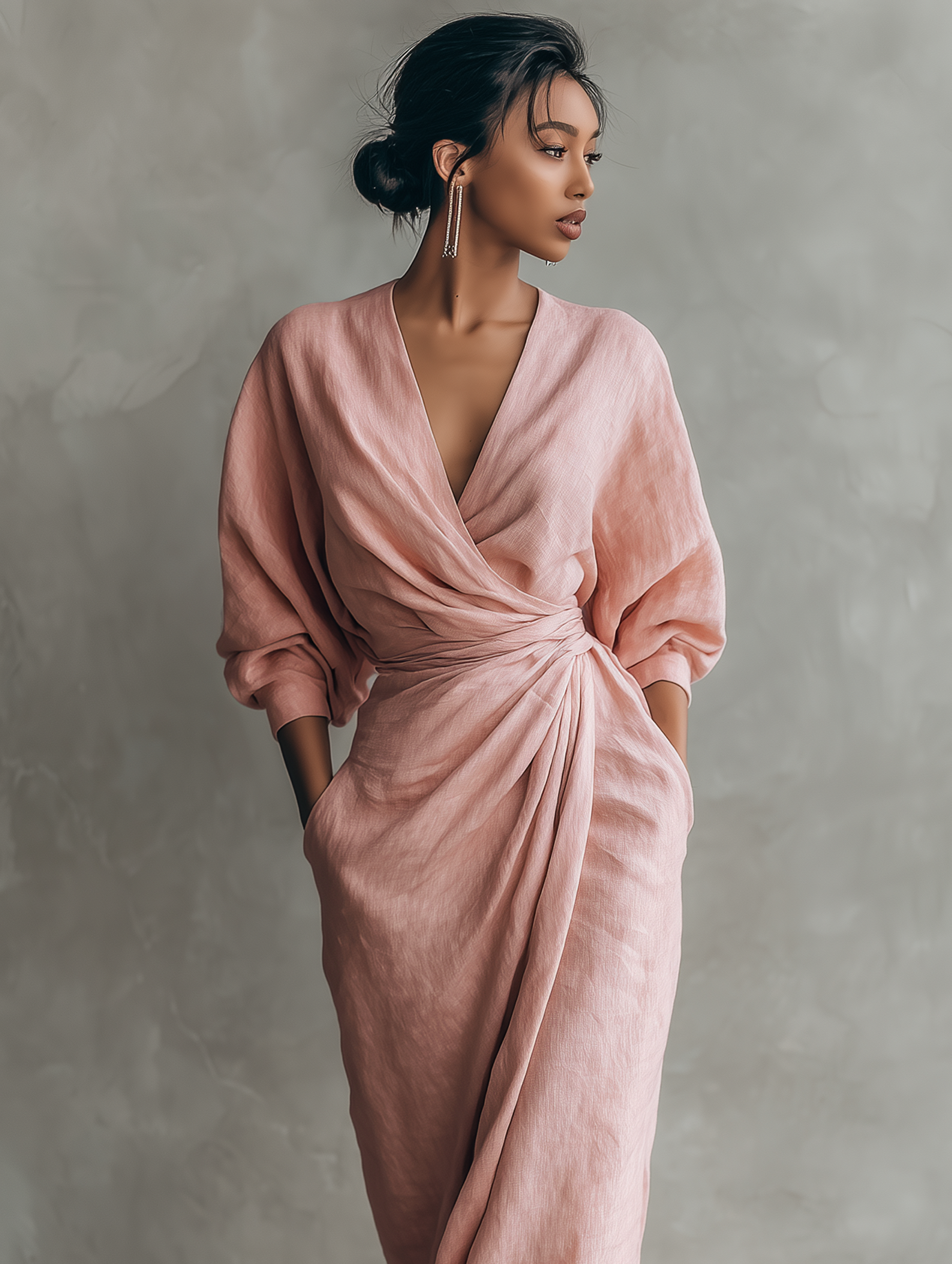 Pink V-Neck Linen Blend Maxi Dress
