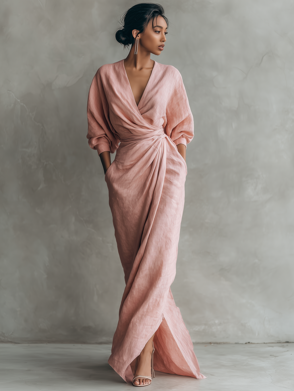 Pink V-Neck Linen Blend Maxi Dress