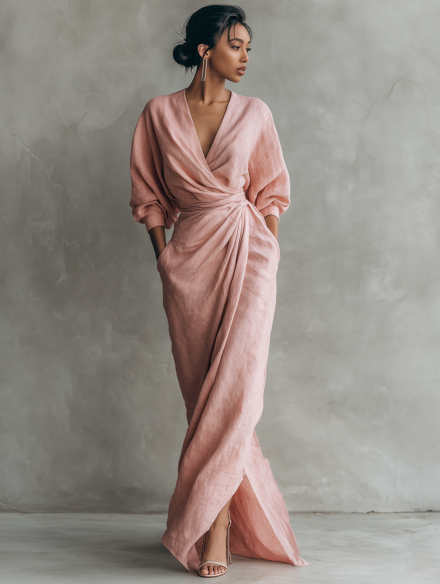 Pink V-Neck Linen Blend Maxi Dress