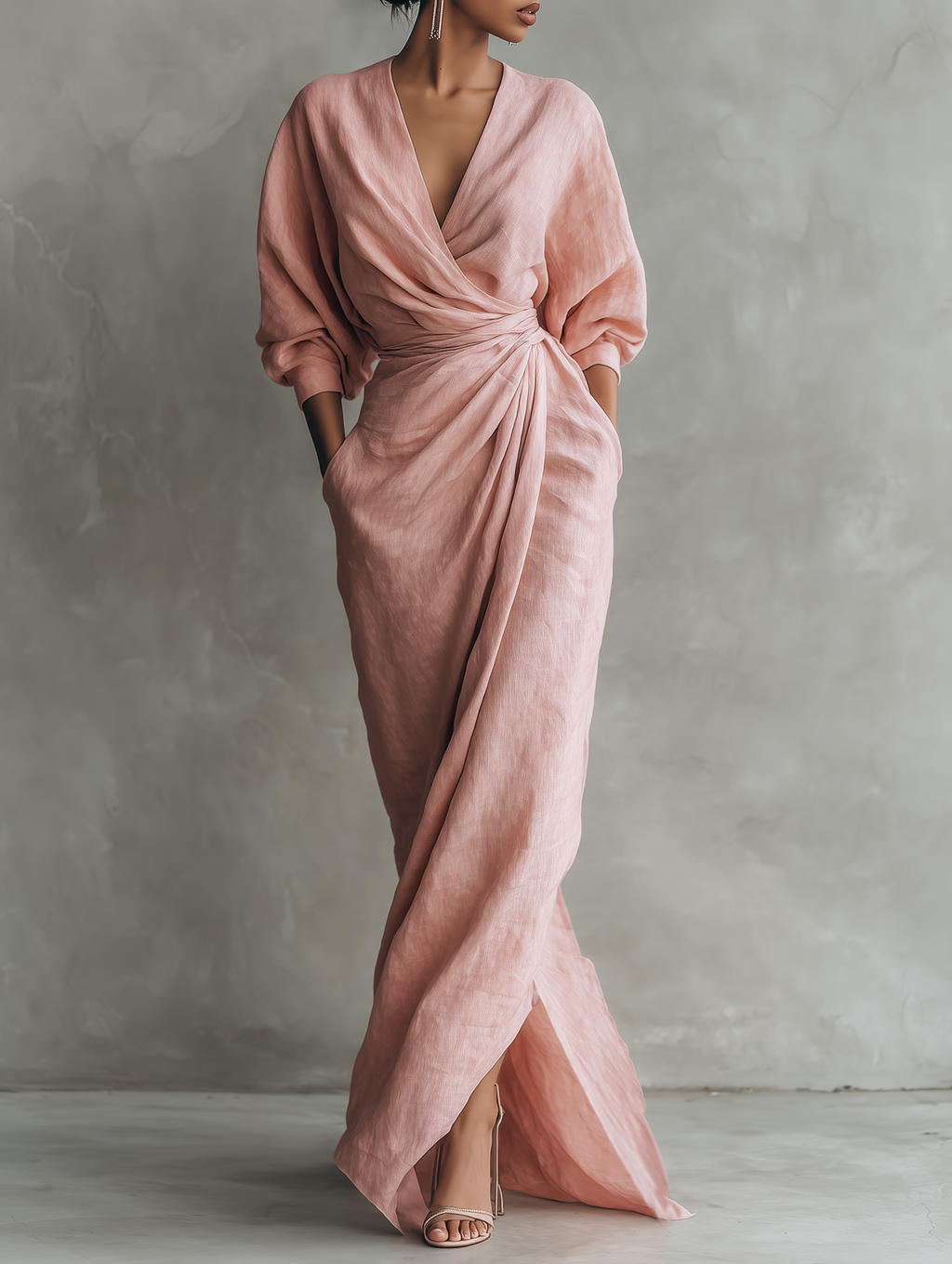 Pink V-Neck Linen Blend Maxi Dress