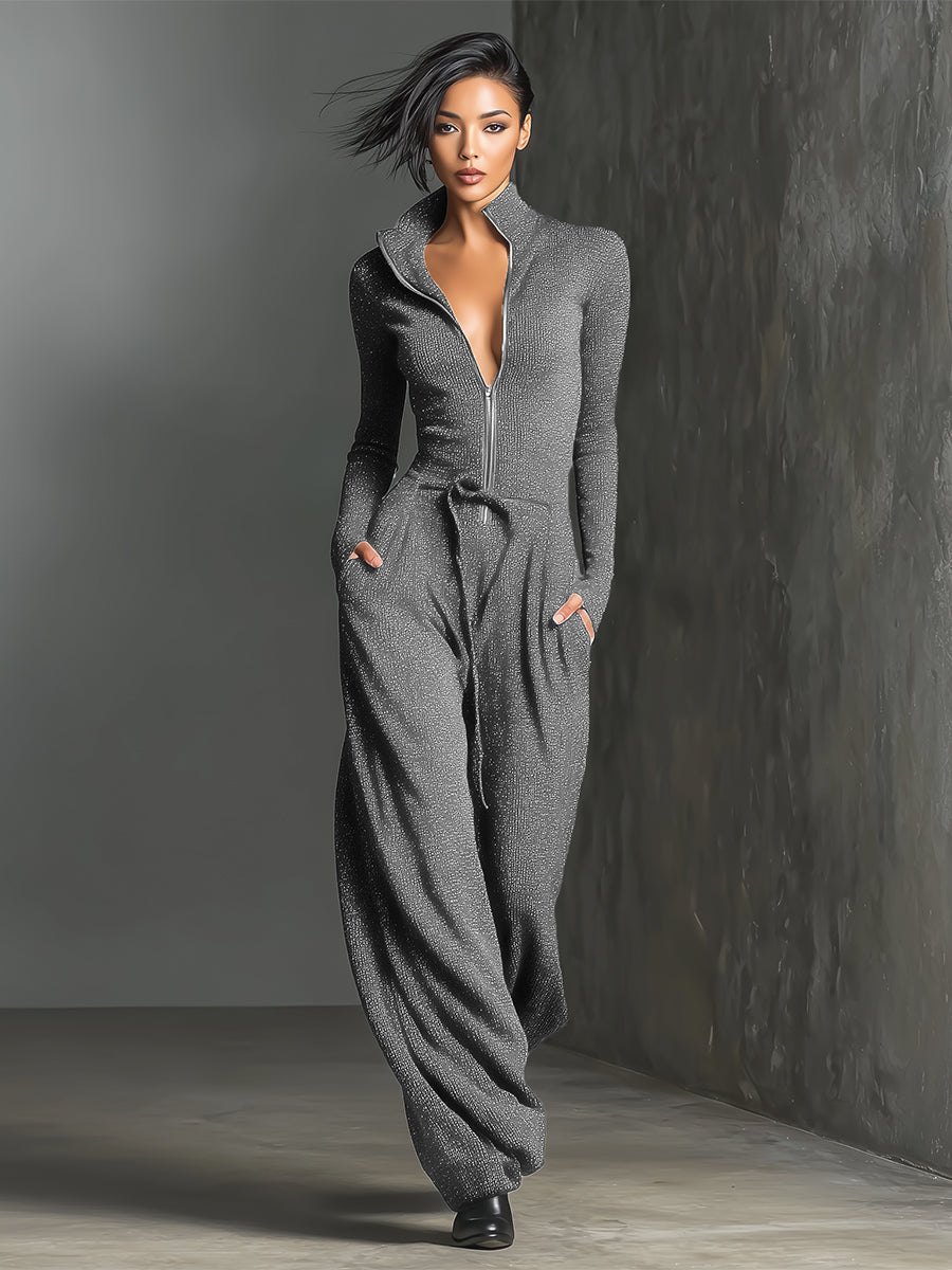 Sparkling Knit Zipper Front Jumpsuit