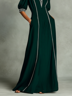 Women's Dark Green Textured Maxi Dress With Stand Collar & Contrast Piping, Modern Vintage-Chic Style Dress MDZ1484D5LYL