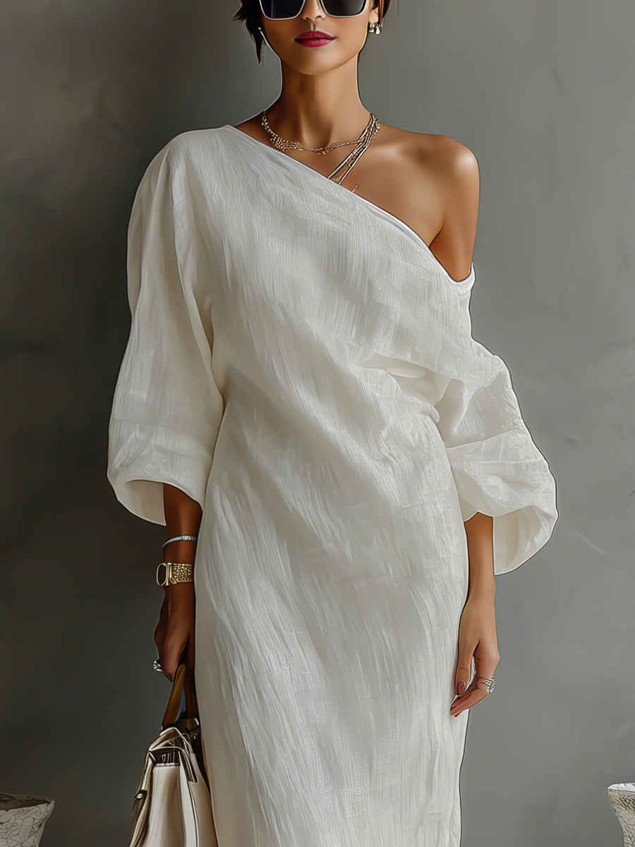 Ivory One-Shoulder Flowing Dress