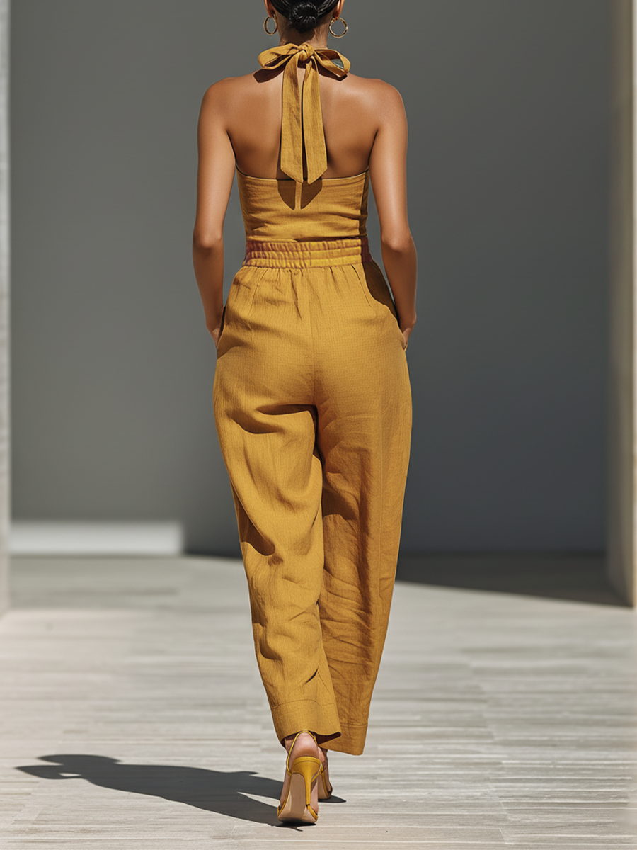 Mustard Linen Crisscross Neck Jumpsuit