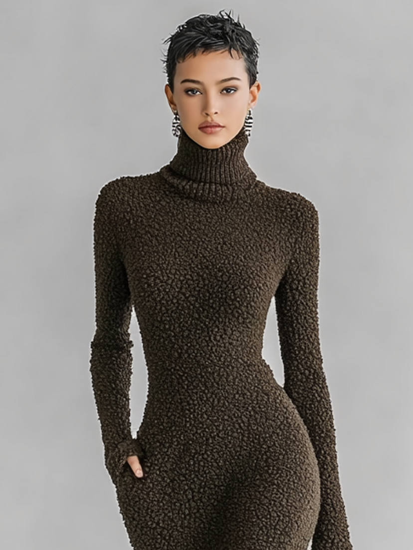 Plush Knit High-Neck Side Slit Midi Dress