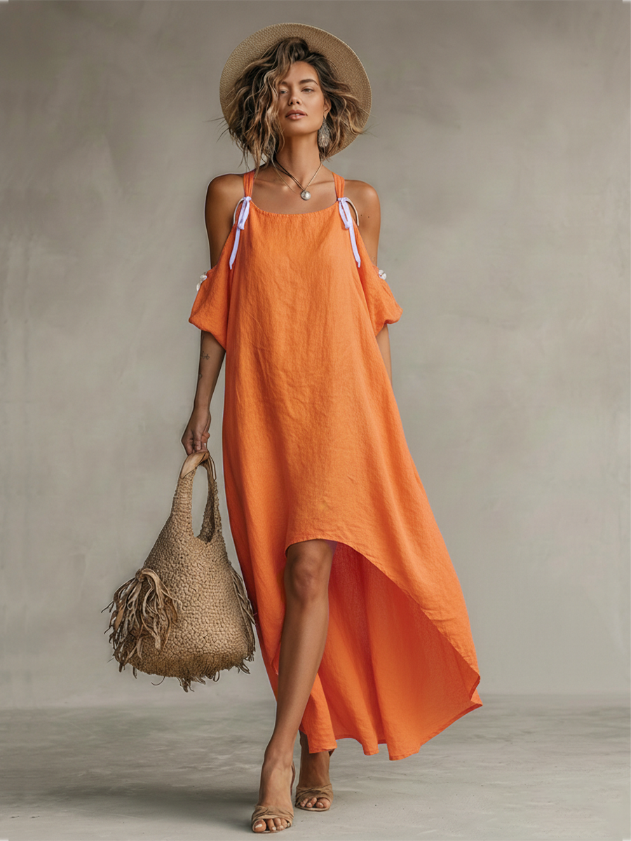 Tangerine Linen Cold-Shoulder High-Low Dress