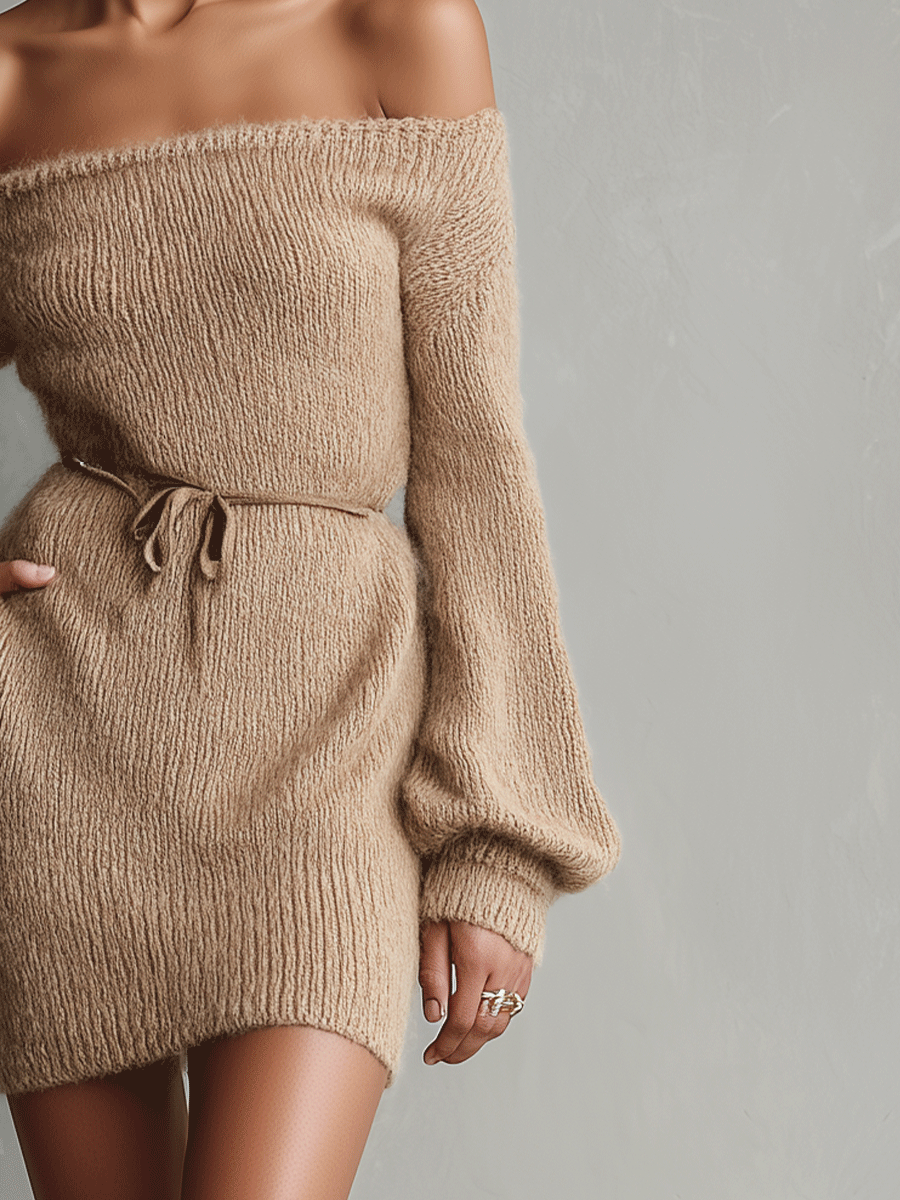 Camel Fuzzy Knit Off-Shoulder Belted Mini Dress