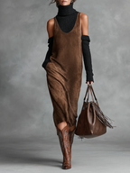 Suede U-Neck Sleeveless Tank Midi Dress