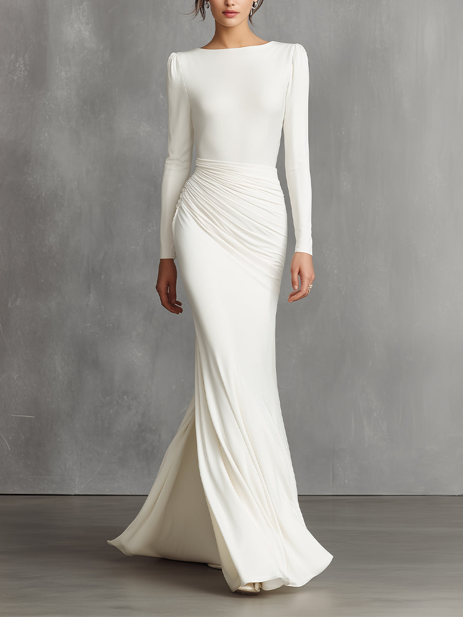 Women's White Elegant Satin Ruched Mermaid Maxi Dress MDA0910I5I