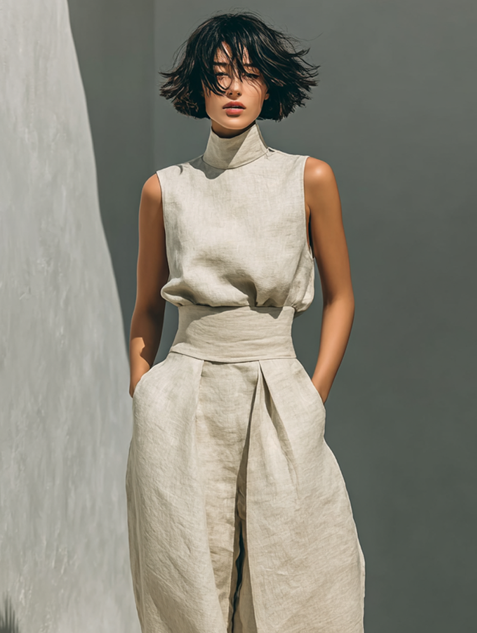 Linen Blend Blouse & Wide-Leg Pants Set
