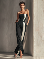 Black Strapless Striped Wide-Leg Jumpsuit